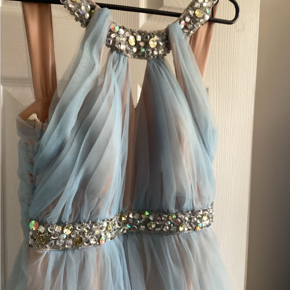 Elegant Blue Chiffon Dress with Rhinestone Accents